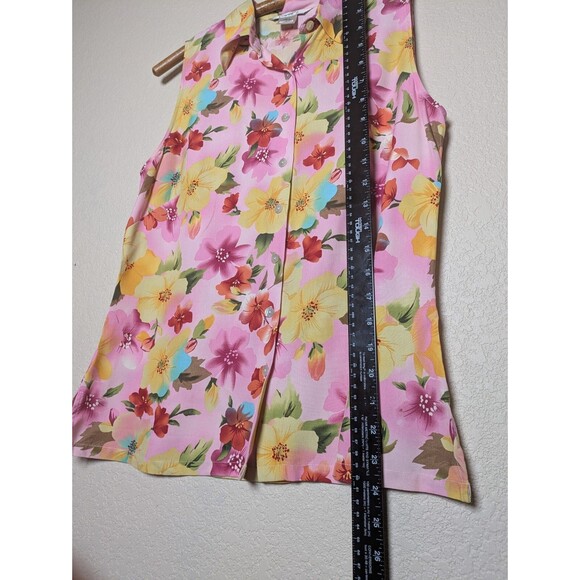 Pink Yellow Tropical Floral Silk Tank Top Size Medium Festival Retro Vacation - Picture 4 of 6